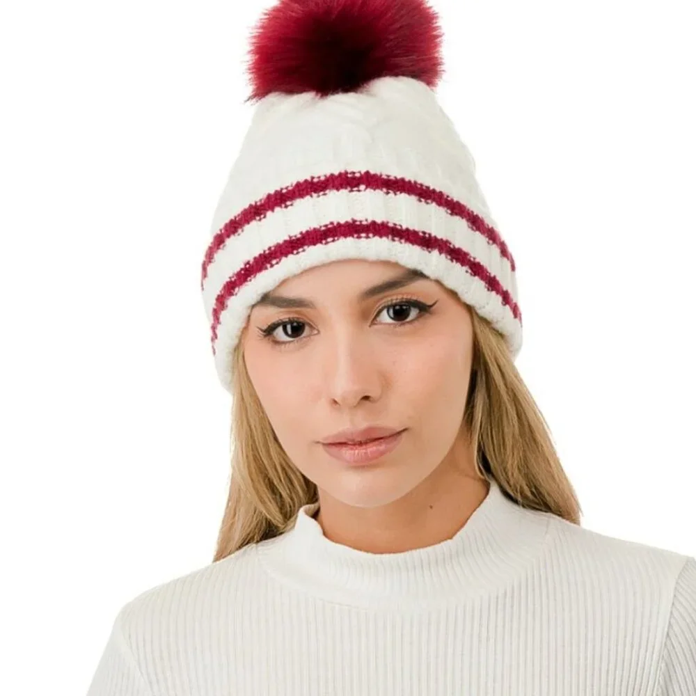 ๐ฅMarcus Adler Cozy & Stylish Knit Pom Varsity Beanie White w/ Burgundy Pom NWT - Picture 4 of 4